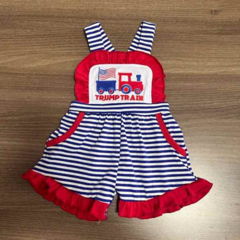 Girls trump train embroidered boutique ruffle romper custom made
